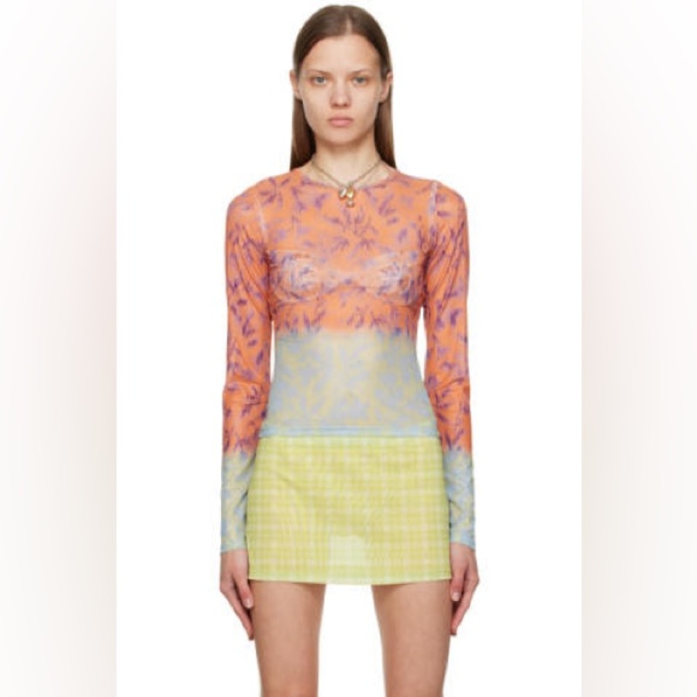 Miaou Long Sleeve Tie-Dye Mesh Top in Rust Orange and Light Blue